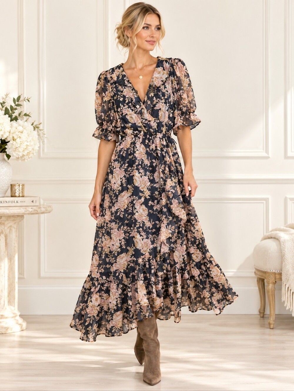 LC Lauren Conrad Floral Ruffle Maxi Dress Romantic Cottagecore | Size XS